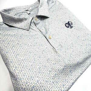 Peter Millar White Polo with Light Blue Micro Print and Navy Emblem